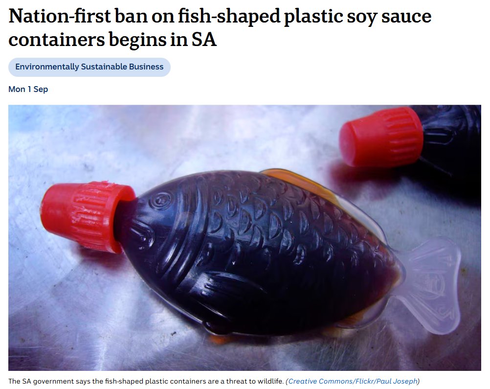 An easy solution is bulk bottles or dispensers of soy sauce in store. Thoughts? 🤔

📰 From today, any plastic fish containers with a lid, cap or stopper, containing less than 30ml of soy sauce will be banned, including small rectangular containers. 👇
abc.net.au/news/2025-09-0…

📌