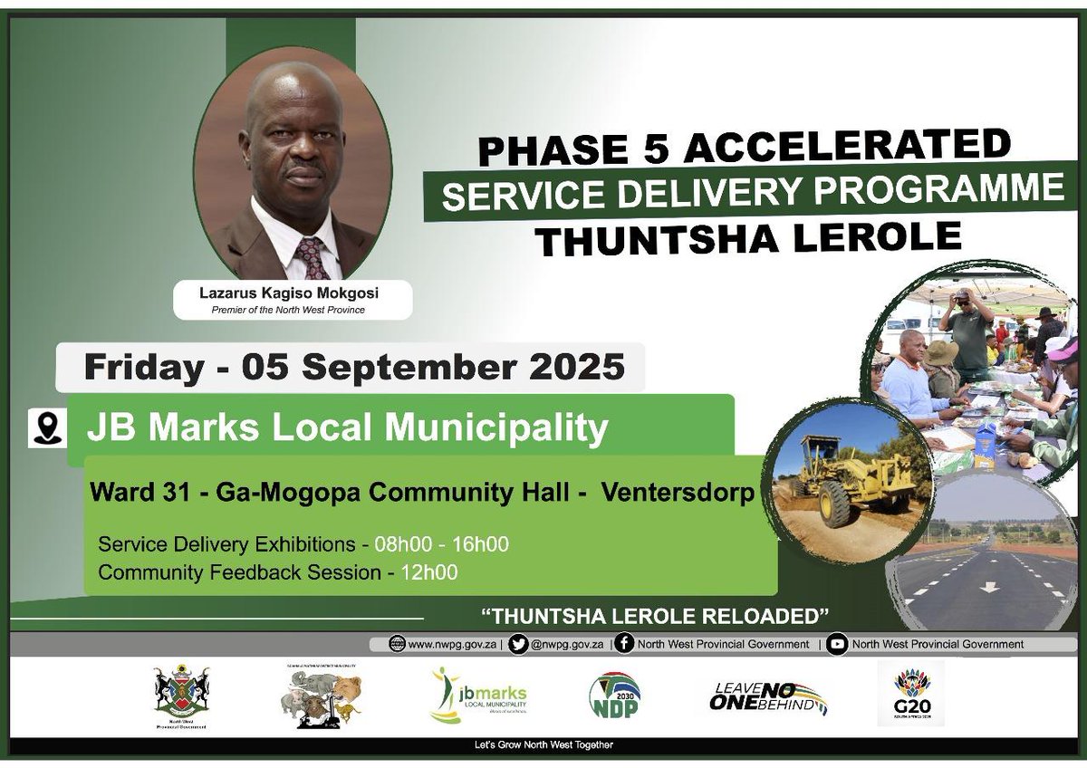[Alert] Phase 5 accelerated Service Delivery Programme, Thuntsha Lerole Reloaded is taking place this week at JB Marks Local Municipality. #NWPG #ThuntshaLeroleReloaded #ServiceDelivery  #JBMarks #LeaveNoOneBehind  #LetsGrowNorthWestTogether