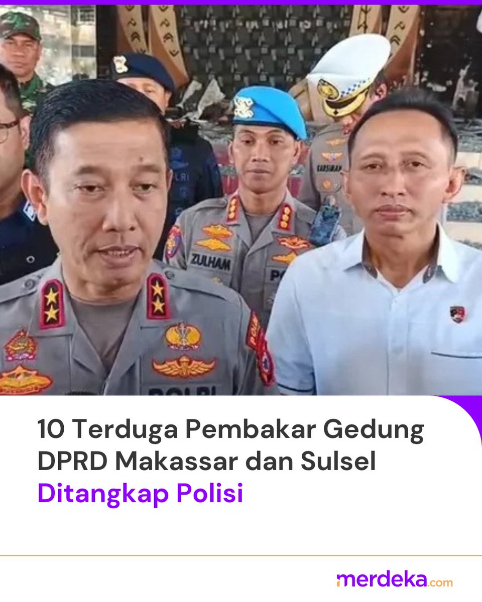 merdekadotcom's tweet photo. Aksi unjuk rasa pada Jumat (29/8) berakhir tragis dengan 4 orang meninggal dunia. Polisi pun bergerak cepat dan berhasil mengamankan 10 terduga pelaku pembakaran gedung DPRD Sulsel & Makassar
#Sulsel #Makassar #DPRDSulsel #DemoRicuh #mdkan https://t.co/LVD08ieLOK