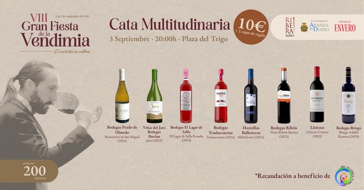 🍷 Mañana arrancamos las actividades de la VIII Gran Fiesta de la Vendimia con nuestra cata Multitudinaria Solidaria de los vinos ganadores de los <a href="/PremiosEnvero/">Premios Envero</a>  2025, impartida por Alberto Tobes, responsable de Enología y Experimentación de la denominación de origen. 

👉 De