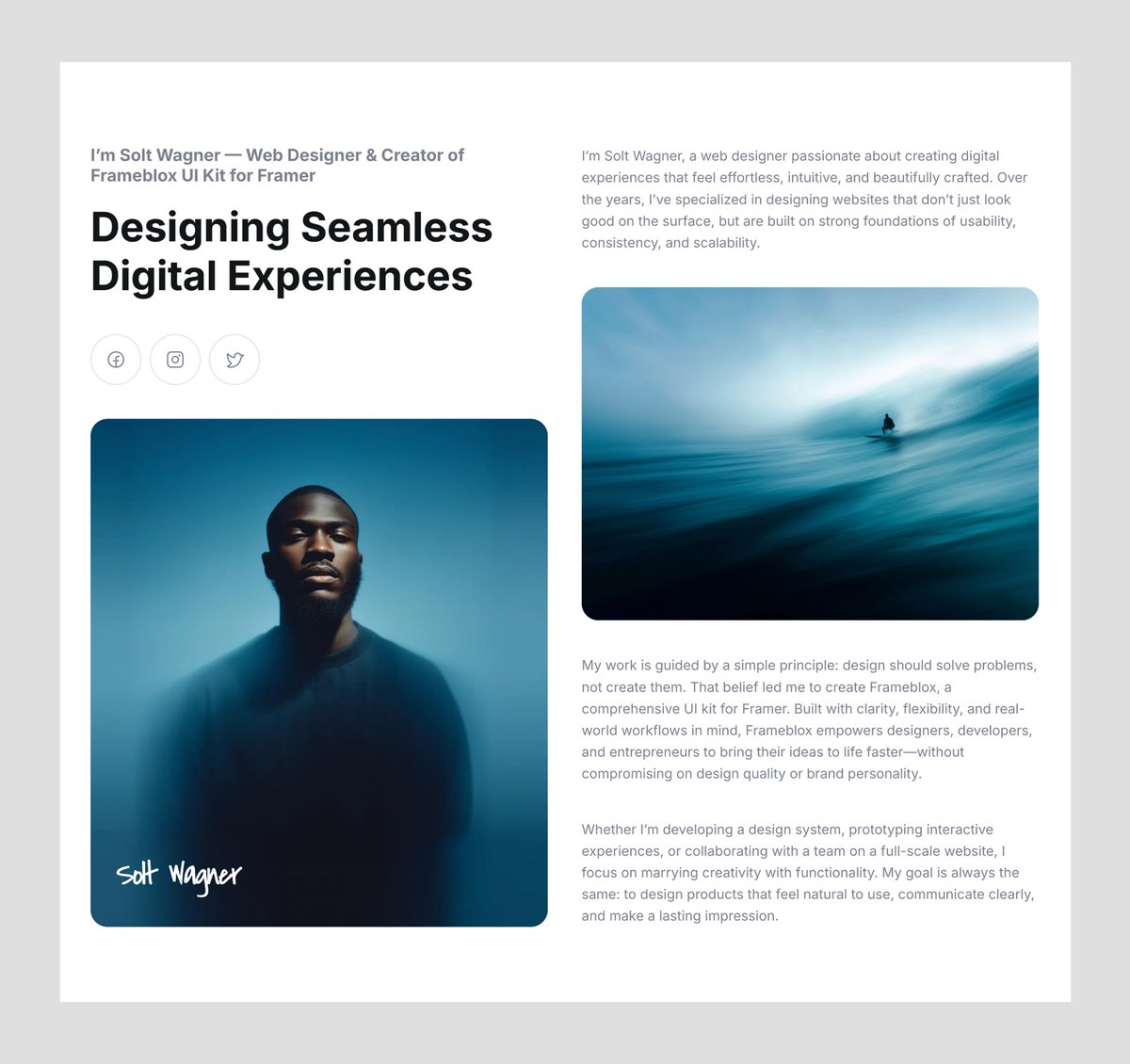 soltwagner's tweet image. I&apos;ve added over 20 new About sections to the Frameblox UI kit for Framer.

Available in the Frameblox Component Library 👀

Just copy and paste them to your Framer website.