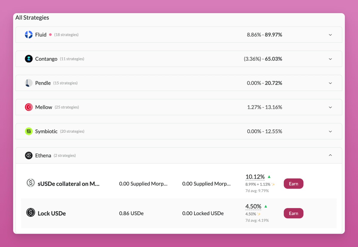 Fluid, Contango, Pendle, Mellow, Symbiotic, Ethena의 수익률을 보여주는 Rumpel Labs 플랫폼의 DeFi 전략 스크린샷