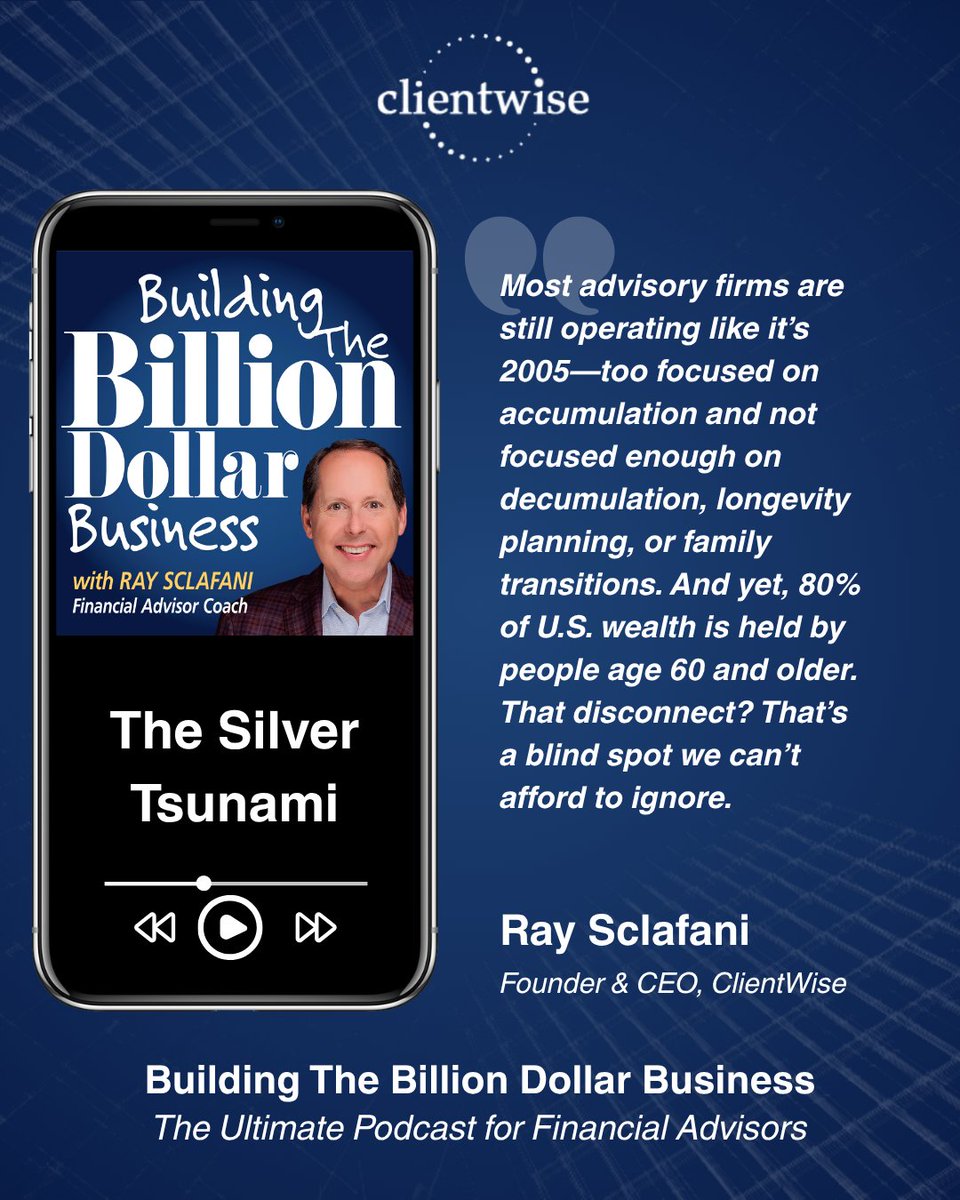 ClientWise's tweet image. Are You Prepared for the Silver Tsunami? 🌊 Listen and explore the 3 must-make shifts for firms that want to lead through the longevity revolution. 
bit.ly/44TOxJ1

#AdvisorPodcast #ClientWise #WealthManagement #RIA #FamilyAdvising #FinancialAdvisorLeadership