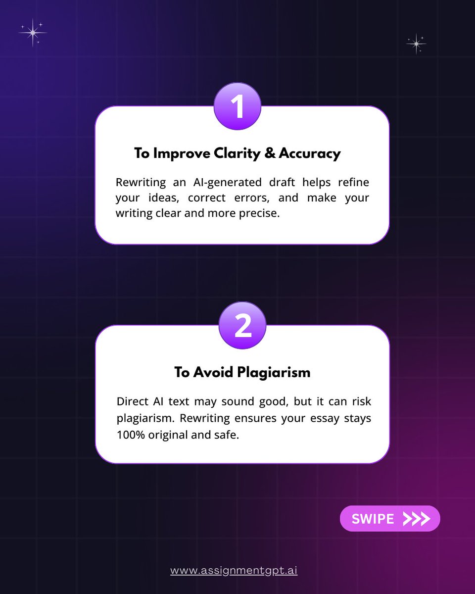 AssignmentGptAI's tweet image. Stop Using AI Text Without a Rewrite!🚀
.
✅Make it uniquely yours | Improve clarity and engagement | Avoid plagiarism & AI-detection issues
.
#AIWriting #ContentCreation #assignmentgpt #WritingTips #AIContent #Education #RewriteAI #ContentMarketing #homeworkhelp #AIForWriters