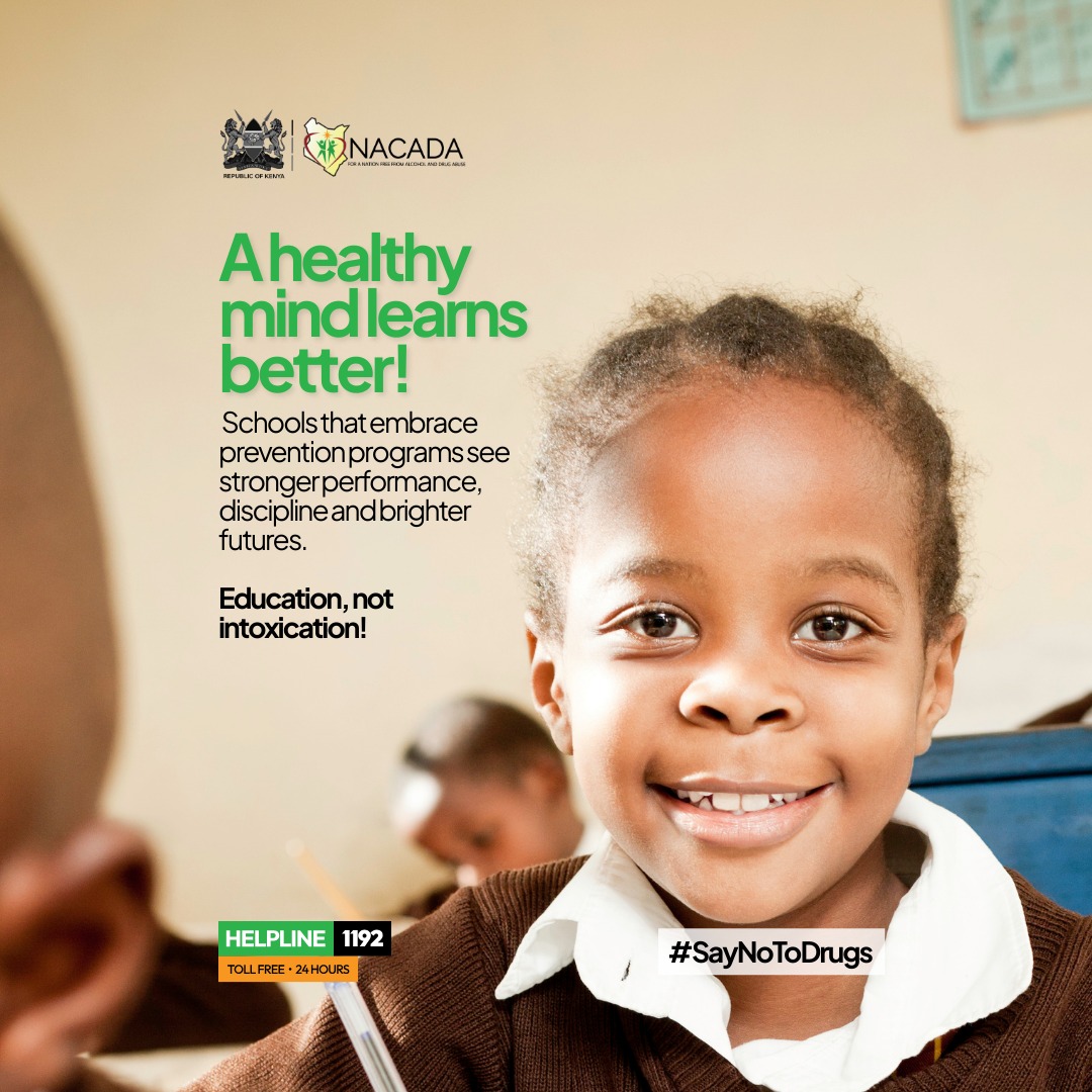 NACADA Kenya (@nacadakenya) on Twitter photo Healthy mind = Peak performance! 🧠📈
Schools that champion drug prevention don't just safeguard students—they unlock their potential. The result? Better grades, sharper focus, and futures full of possibility.
Choose education, not intoxication. 🚫 Healthy mind = Peak performance! 🧠📈
Schools that champion drug prevention don't just safeguard students—they unlock their potential. The result? Better grades, sharper focus, and futures full of possibility.
Choose education, not intoxication. 🚫