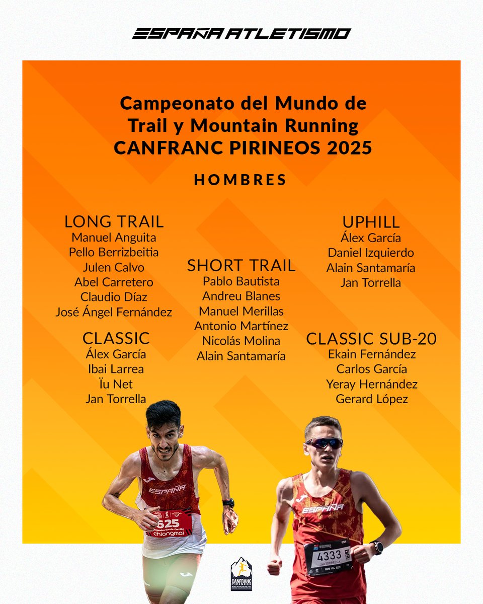 4️⃣5️⃣ atletas de #EspañaAtletismo rumbo a #CanfrancPirineos ⛰️

Con la inclusión de los atletas de Short Trail ya conocemos la lista completa para el Mundial de Trail y Mountain Running ✨

22 🚹 y 23 🚺 en busca de un sueño “en casa” 🫶🏼

Preselección completa 🔗