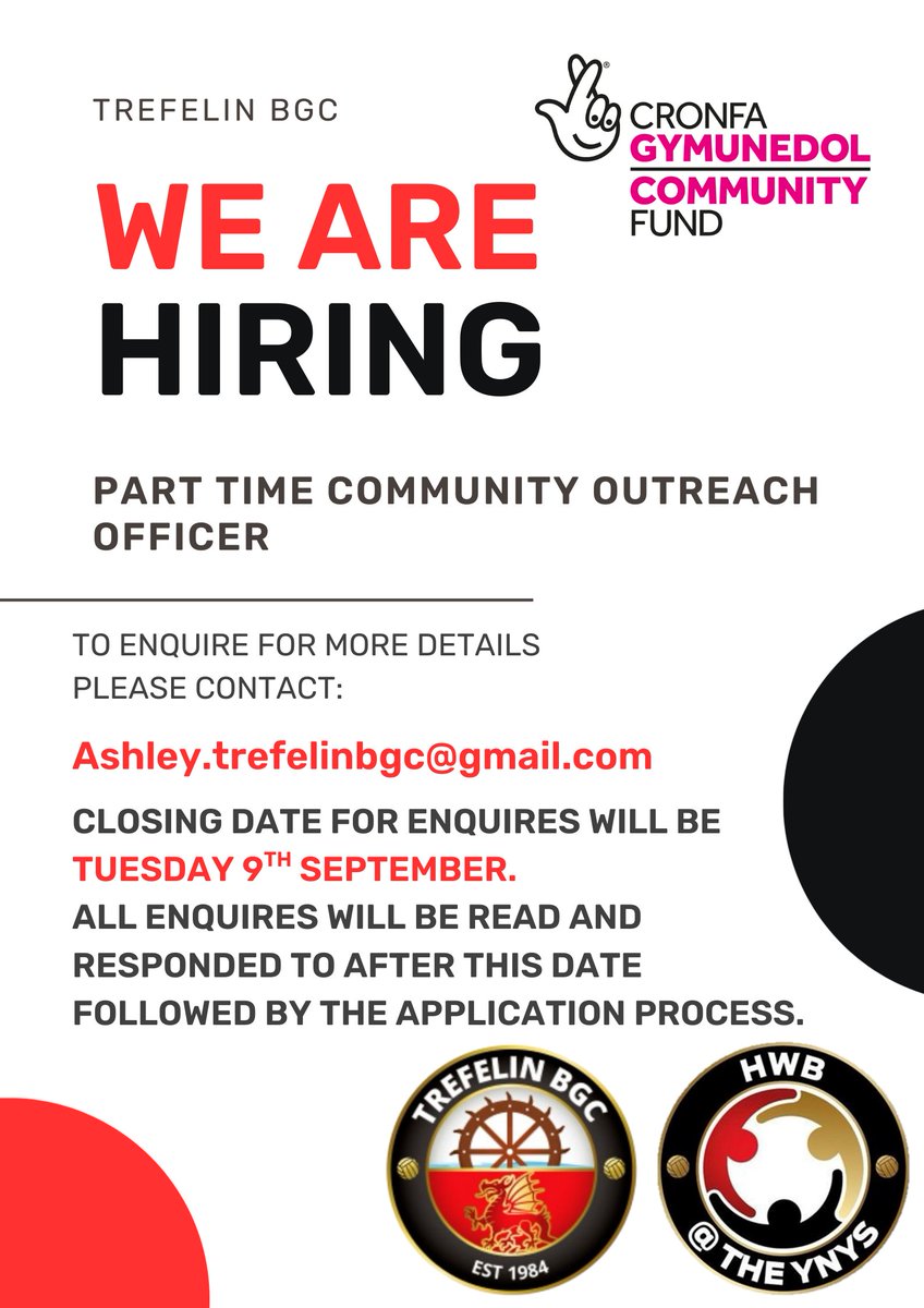 Trefelin BGC (@trefelinbgc) on Twitter photo Trefelin BGC are delighted to announce that with support from #TheNationalLotteryCommunityFund we are advertising for a Vacancy of Part Time Community Outreach Officer.
To enquire for more details contact Ashley.trefelinbgc@gmail.com before the deadline date. Trefelin BGC are delighted to announce that with support from #TheNationalLotteryCommunityFund we are advertising for a Vacancy of Part Time Community Outreach Officer.
To enquire for more details contact Ashley.trefelinbgc@gmail.com before the deadline date.