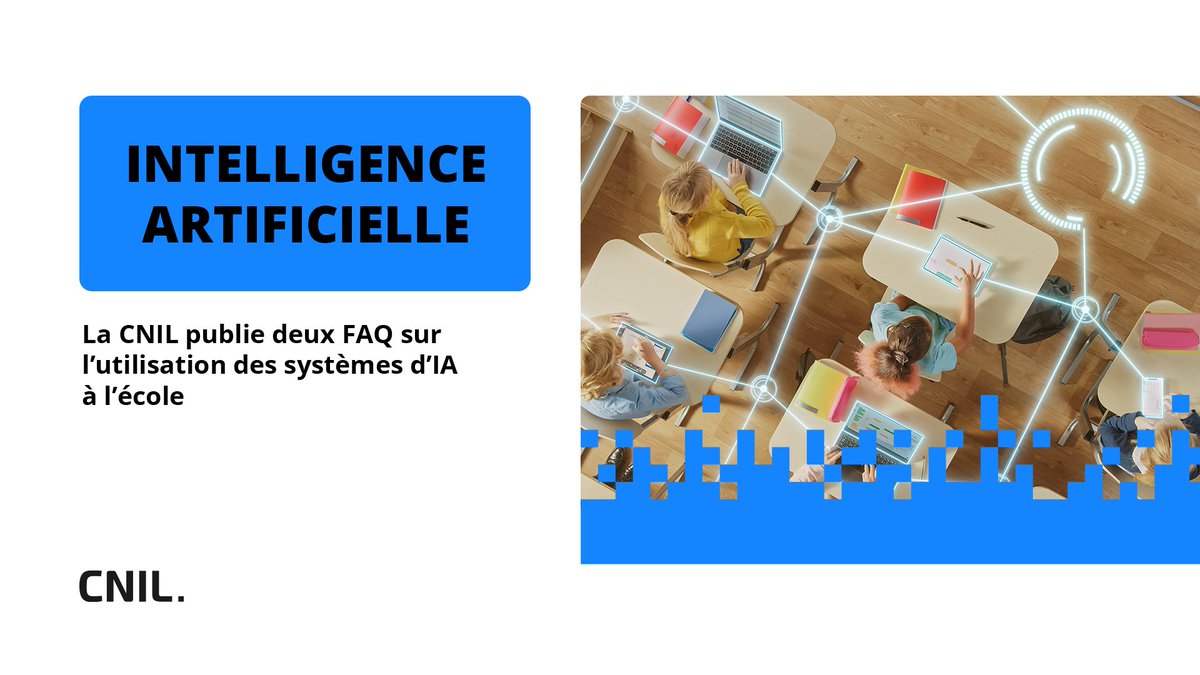 Pour accompagner l’usage de l’#IA dans le cadre pédagogique, la CNIL a publié 2 FAQ : 
➡️pour les enseignants
➡️pour les responsables de traitement
Elles apportent des premiers conseils pour favoriser une utilisation conforme à la protection des données 👉 cnil.fr/fr/deux-faq-ut…