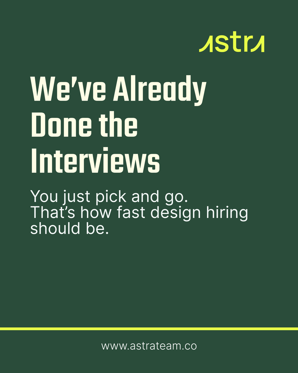 _astra_design's tweet image. At Astra, we’ve already done the interviews — so you don’t have to.
Just pick, plug, and go. Our pre-vetted UI/UX designers 
No delays. No guesswork. Just real talent, real fast.

💻 astrateam.co 

#AstraDesigns #RemoteDesignPartner #UIUXDesigners #FastHiring