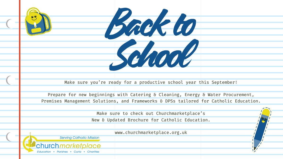 🎒It’s Back to School Week!

Make this term productive with Churchmarketplace:

✔Trusted suppliers

✔Time-saving solutions

✔Tailored services for Catholic schools &amp; MATs

👉View our updated brochure: bit.ly/3XBYIzf

#BackToSchool #CatholicEducation