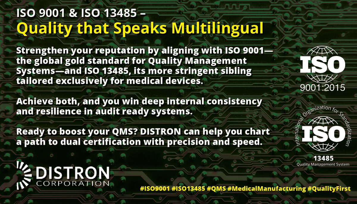DistronCorp's tweet photo. Quality that speaks every language 🌍⚡
ISO 9001 &amp; ISO 13485 certified — DISTRON delivers precision, compliance &amp; audit-ready systems you can trust.
#ISO9001 #ISO13485 #QMS #MedicalManufacturing #QualityFirst #DISTRONDifference https://t.co/Yi57etupQH