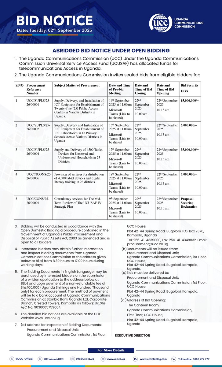 📢 Bid Notice

The Uganda Communications Commission (UCC), through the Universal Service and Access Fund (UCUSAF), has allocated funds to enhance telecommunications access in Uganda.

UCC now invites sealed bids from eligible bidders for this initiative.

Together, let’s bridge