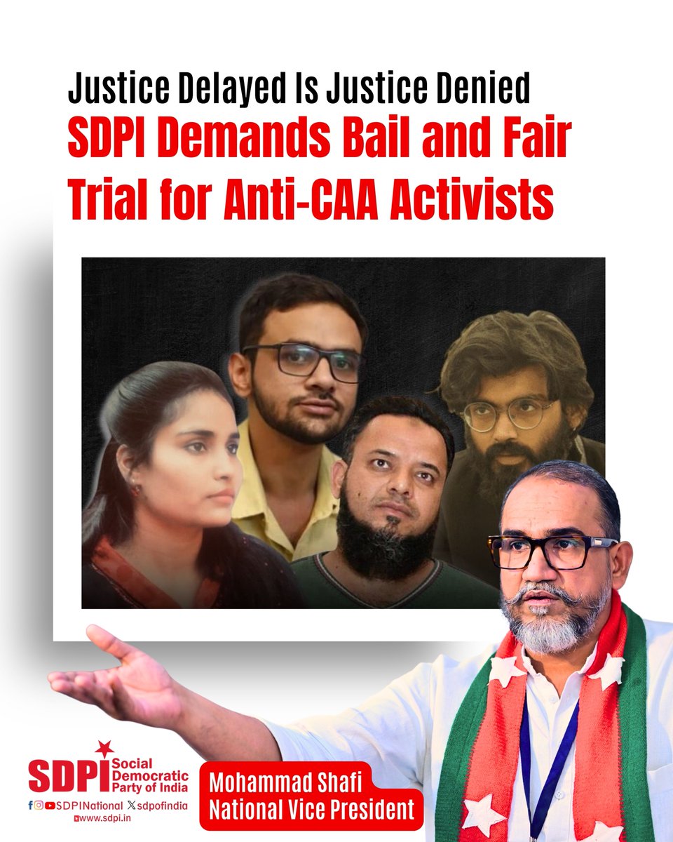 SDPI, expresses profound dismay and deep concern over the Delhi High Court's decision today to deny bail to Umar Khalid, Sharjeel Imam, and seven other activists in the so-called "larger conspiracy" case related to the 2020 North-East Delhi riots. This ruling, delivered by