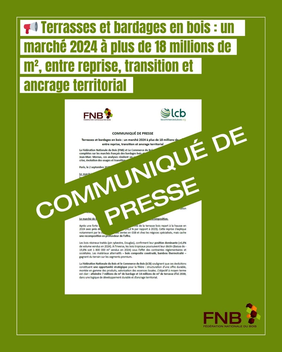 🌱 Terrasses &amp; bardages en bois : un secteur durable en pleine remontée ! 🌍

👉 En savoir plus : fnbois.com/communique-de-…

#Filiereforetbois #Laforetensemble #Boisfrançais #bardage #terrasse