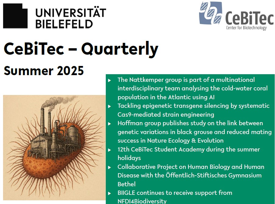 The summer issue of the Quarterly covers the following topics: AI-based image analysis for marine biology, improving microalgal transgene expression, population genetics of the black grouse, student courses in biomedicine/biotechnology and image analysis
👉cebitec.uni-bielefeld.de/localmedia/dow…