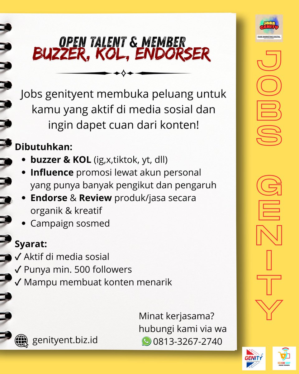 genityent_id's tweet photo. ✨ Hallo guys!
Jobs GenityEnt lagi OPEN TALENT / MEMBER GRATIS! 🎉
Mau naik akun, dapet endorse, atau jadi influencer?
Gabung ke agensi & komunitas kami sekarang!
📈 Cocok buat pemula & yang aktif!
📲 Info lengkap chat wa aja!
#OpenTalent #GenityEnt #InfluencerID https://t.co/e8r3D3DPas