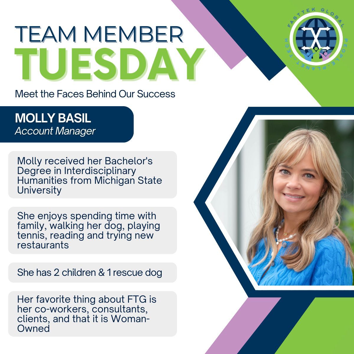 It's Team Member Tuesday at FastTek Global! We enjoy highlighting &amp; celebrating our team!

Thank you for your valued service, Molly. 

#IT #staffing #team