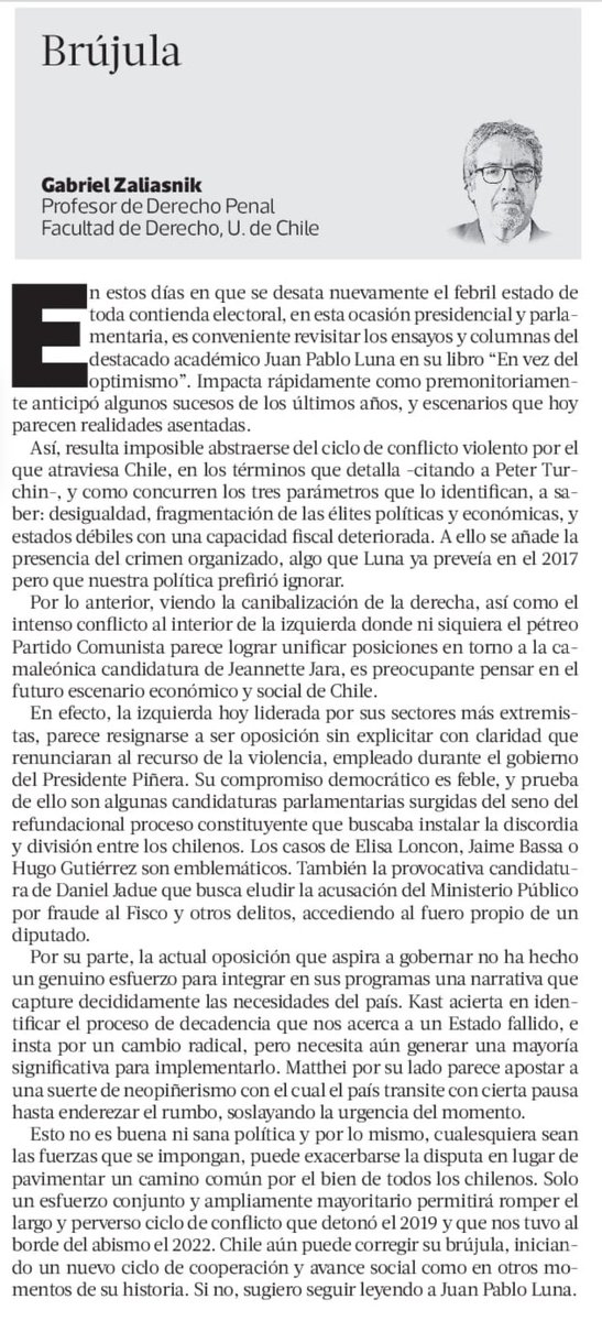 🎗️Gabriel Zaliasnik 🇺🇦🇨🇱🇮🇱 (@gzaliasnik) on Twitter photo Les comparto mi columna publicada hoy en <a href="/latercera/">La Tercera</a> , “Brújula” 🧭
“Solo un esfuerzo conjunto y ampliamente mayoritario permitirá romper el largo y perverso ciclo de conflicto que detonó el 2019 y que nos tuvo al borde del abismo el 2022”. 👇 Les comparto mi columna publicada hoy en <a href="/latercera/">La Tercera</a> , “Brújula” 🧭
“Solo un esfuerzo conjunto y ampliamente mayoritario permitirá romper el largo y perverso ciclo de conflicto que detonó el 2019 y que nos tuvo al borde del abismo el 2022”. 👇