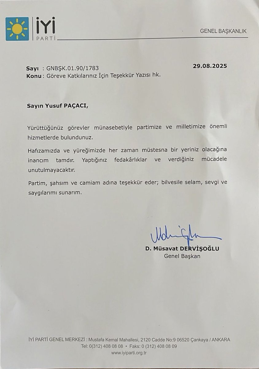 Sayın Genel Başkanım <a href="/MDervisogluTR/">Müsavat Dervişoğlu</a> 
Sayın Kurucu Genel Başkanımız <a href="/meral_aksener/">Meral Akşener</a> 

Nazik mektubunuz ve takdirleriniz için en içten teşekkürlerimi sunarım. Partimize ve milletimize hizmet etme fırsatı, benim için daima onur ve gurur kaynağı olmuştur.

Görev sürecim boyunca,