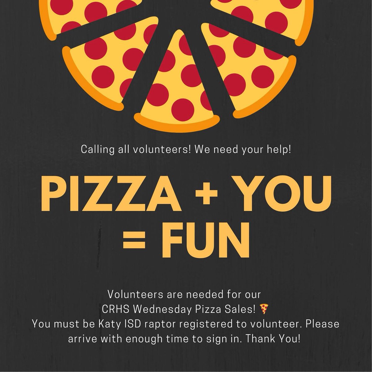 CRHS PTSA (@ptsa_crhs) on Twitter photo CRHS is requesting parents to help with Wednesday Pizza Sales. We will post available dates every 2 - 3 months, so check back often. If you have any questions, email CincoPTSAvolunteers@gmail.com.
Sign Up HERE: signupgenius.com/go/10C0944ACAF… CRHS is requesting parents to help with Wednesday Pizza Sales. We will post available dates every 2 - 3 months, so check back often. If you have any questions, email CincoPTSAvolunteers@gmail.com.
Sign Up HERE: signupgenius.com/go/10C0944ACAF…