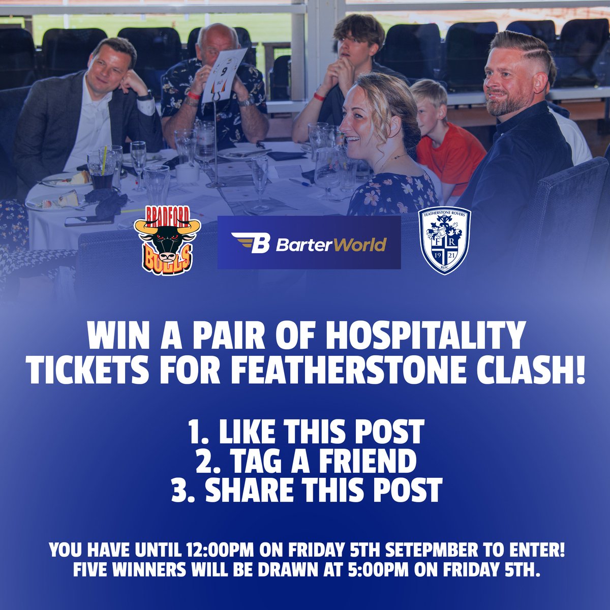 🤩 | Courtesy of BarterWorld, we have five pairs of Hospitality tickets available for our clash with Featherstone on Sunday 14th September!

All you need to do is...

1. Like This Post
2. Tag A Friend
3. Share This Post

⏳ | You have until 12pm on Friday 5th September to enter!