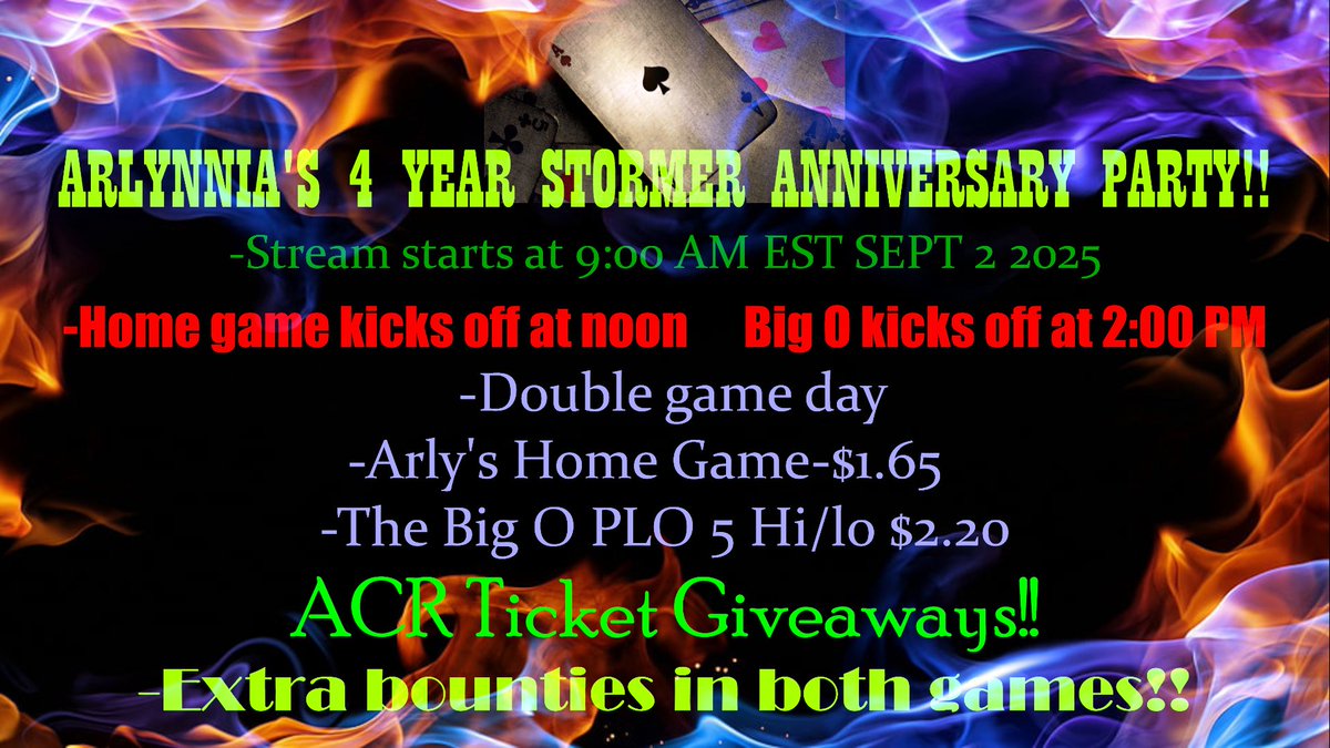 Party starting soon! Don't miss it! Live soon over at twitch.tv/arlynnia Thank you <a href="/ACR_POKER/">ACR Poker</a> for 4 PROUD YEARS as <a href="/ACRSTormers/">ACRSTormers</a> 🥳🥳🥳🥳