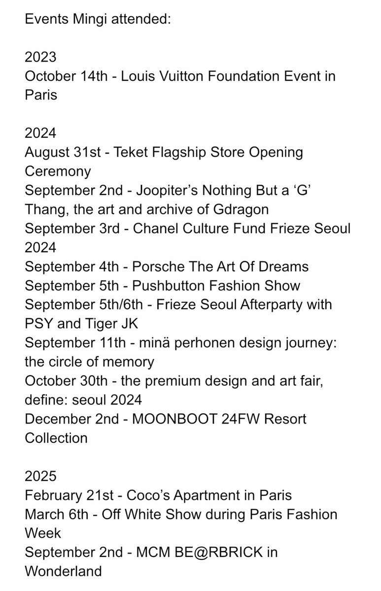 okay (i think) i got all fashion events mingi attended since 2023 but pls let me know if im missing something. his networking skills are mindblowing