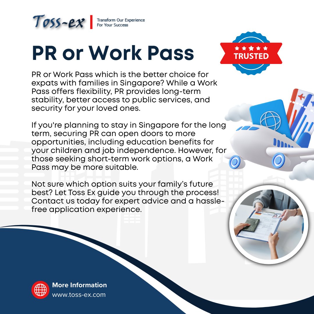 TossexSingapore's tweet image. PR or Work Pass — which is right for you? 🇸🇬

If you’re planning to live and work in Singapore, choosing between a Permanent Residency (PR) and a Work Pass is a big decision:

📲 Contact us today for expert advice!
🌐 toss-ex.com
#SingaporePR #WorkPass #SingaporeVisa