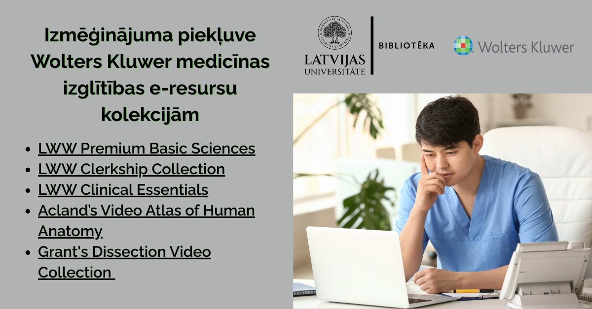 Līdz 30. septembrim ir pieejama izmēģinājuma piekļuve Wolters Kluwer medicīnas izglītības e-resursiem.
Informācija par piekļūšanu 📷biblioteka.lu.lv/par-mums/zinas…