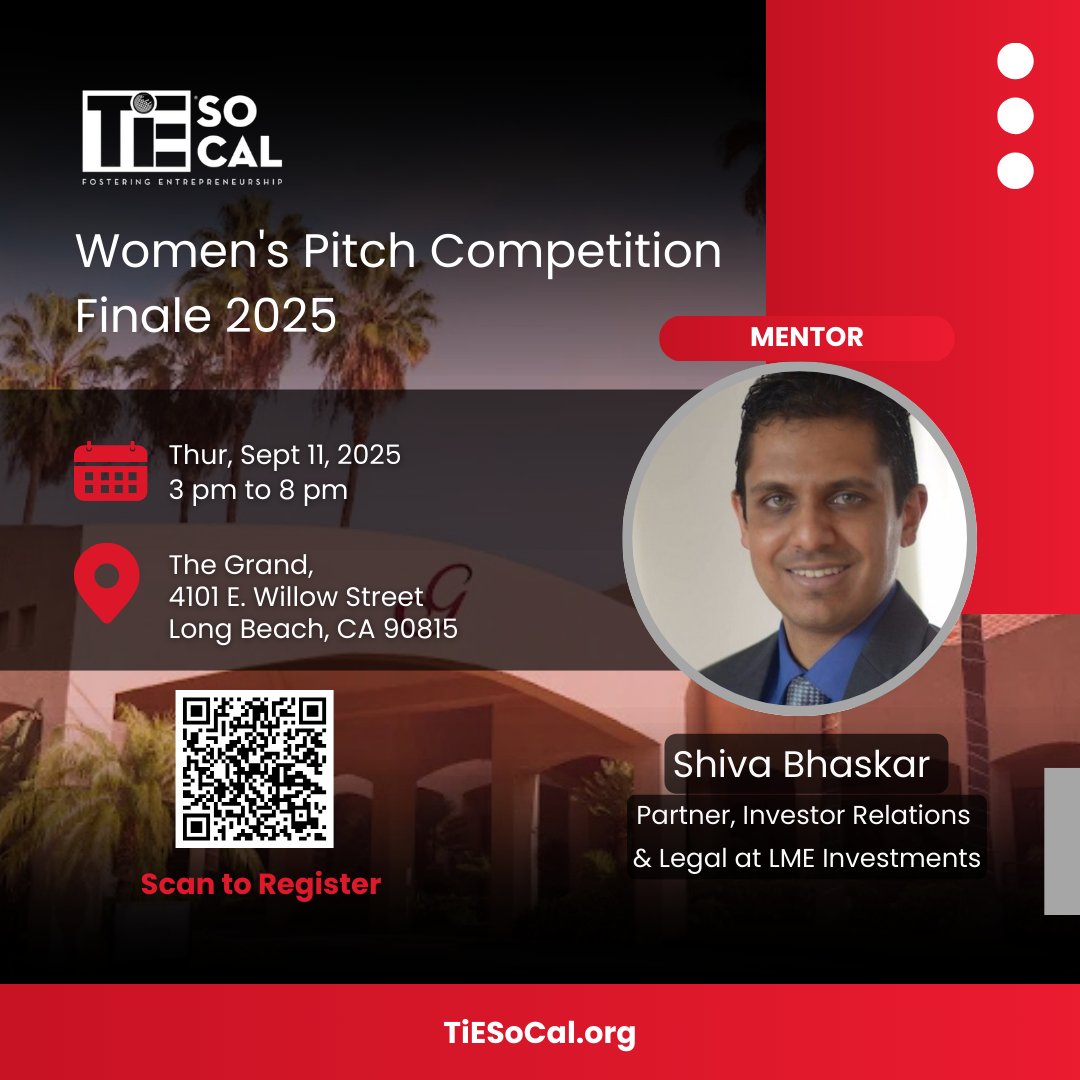 A heartfelt thank you to Shiva Bhaskar, for generously volunteering his time and expertise as a mentor for the TiE SoCal Women’s Pitch Competition!

Thur, Sept 11th | 3:00 PM – 8:00 PM | The Grand, 4101 E. Willow Street, Long Beach, CA 90815    

#ThankYou #TiESoCalWomen