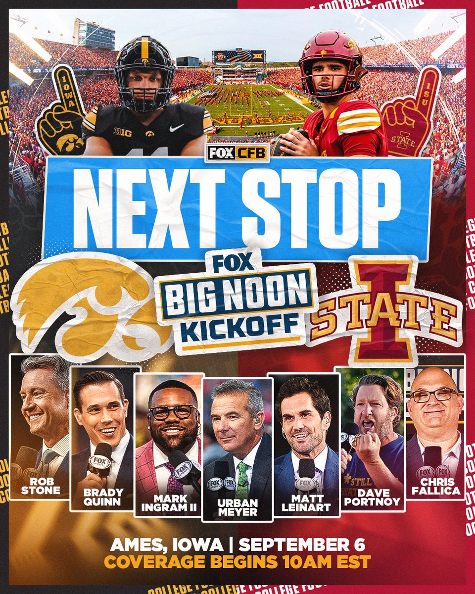 BNKonFOX's tweet image. AMES WE'RE COMING TO YOUR CITY! 🔥

Big Noon Kickoff will be bringing the party to Ames, IA for one of the best rivalries in CFB 🌪️🌽

See you soon @CycloneFB &amp;amp; @HawkeyeFootball fans!