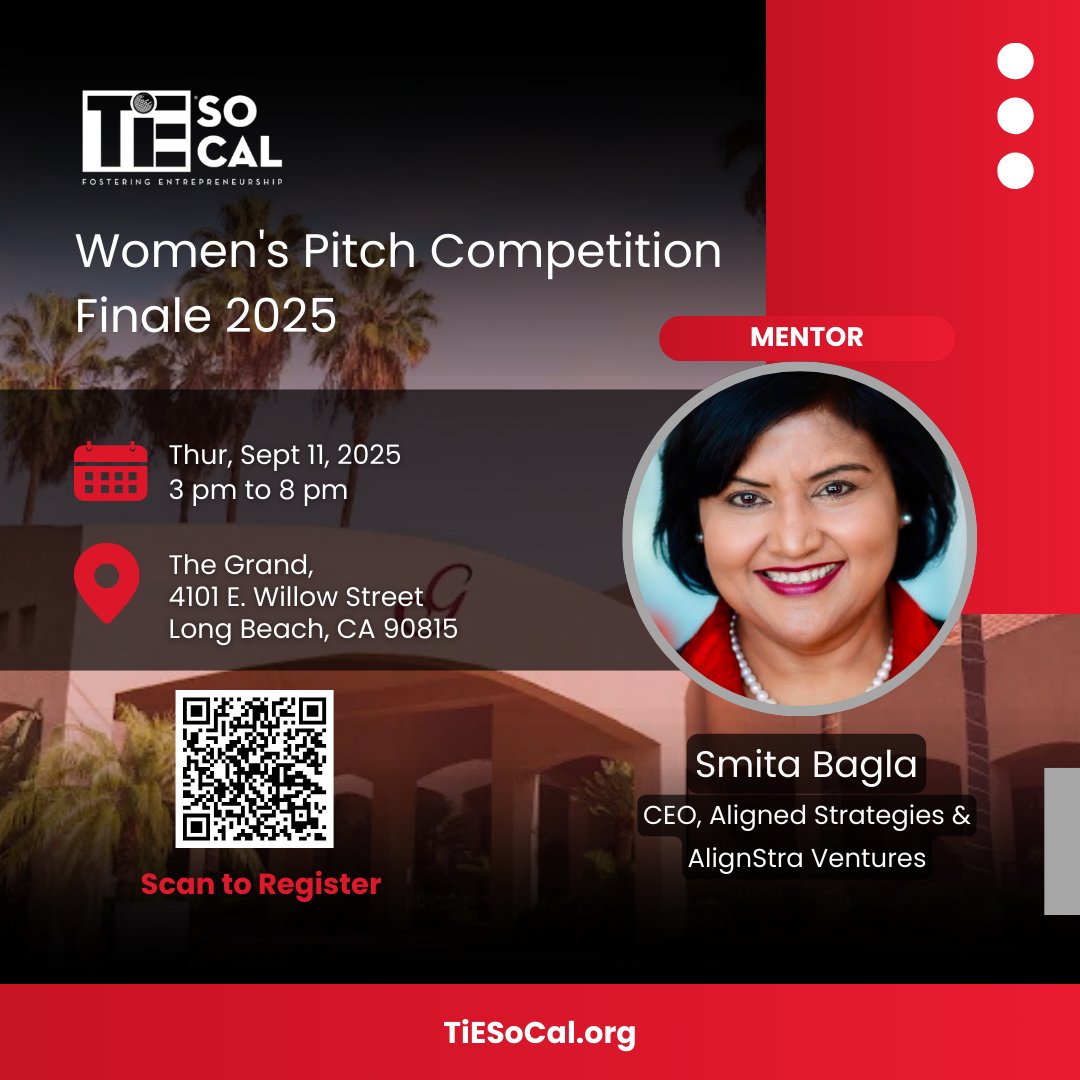 A heartfelt thank you to Smita Bagla, for generously volunteering his time and expertise as a mentor for the TiE SoCal Women’s Pitch Competition!

Thur, Sept 11th | 3:00 PM – 8:00 PM | The Grand, 4101 E. Willow Street, Long Beach, CA 90815   

 #ThankYou #TiESoCalWomen