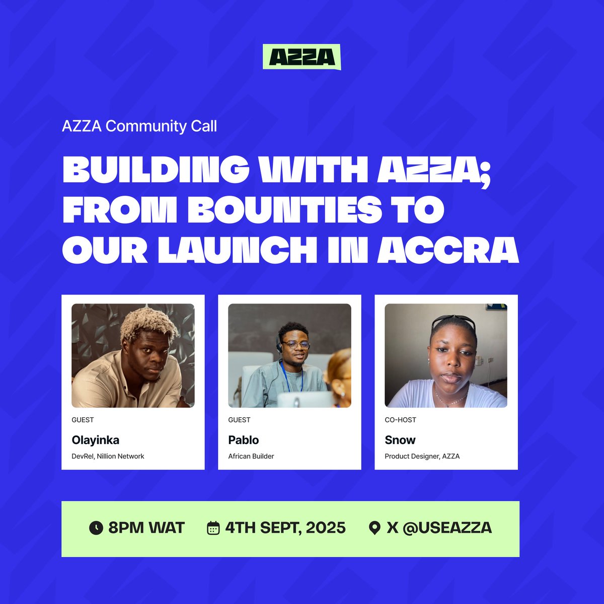 🚀 Join us for the AZZA Community Call
as we explore “Building with AZZA: From Bounties to Our Launch in Accra.”

🗓 Thursday, 4th September, 2025
⏱ 8PM WAT

🎙 Featuring:

<a href="/geniusyinka/">yinka</a> 
<a href="/africanbuilder_/">Pablo 🥷🏾 📍 ETHHome</a>

🔔 Set your reminder and be part of the conversation!