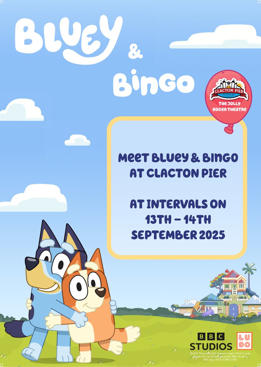 Bluey &amp; Bingo are coming to Clacton Pier!
Meet Bluey &amp; Bingo for a fun day out by the sea. 

They will be making appearances at intervals on Saturday 13 and Sunday 14 September!

At The Jolly Roger Theatre
Find out more here – clactonpier.co.uk/.../meet-bluey…