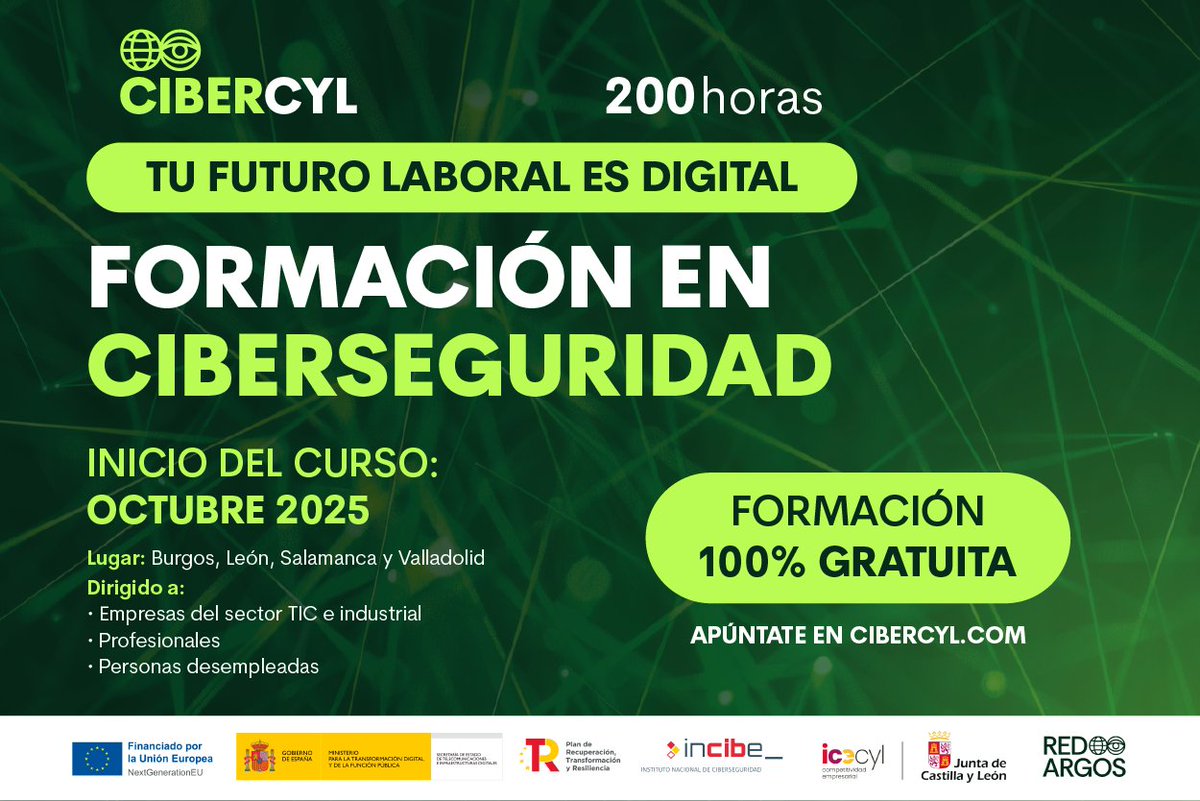 camaradebejar's tweet image. La ciberseguridad está a punto de cambiar en Castilla y León.
Una formación única, especializada y gratuita
🔐 Prepárate para impulsar tu perfil profesional.
📍 #CIBERCYL #FormaciónTech