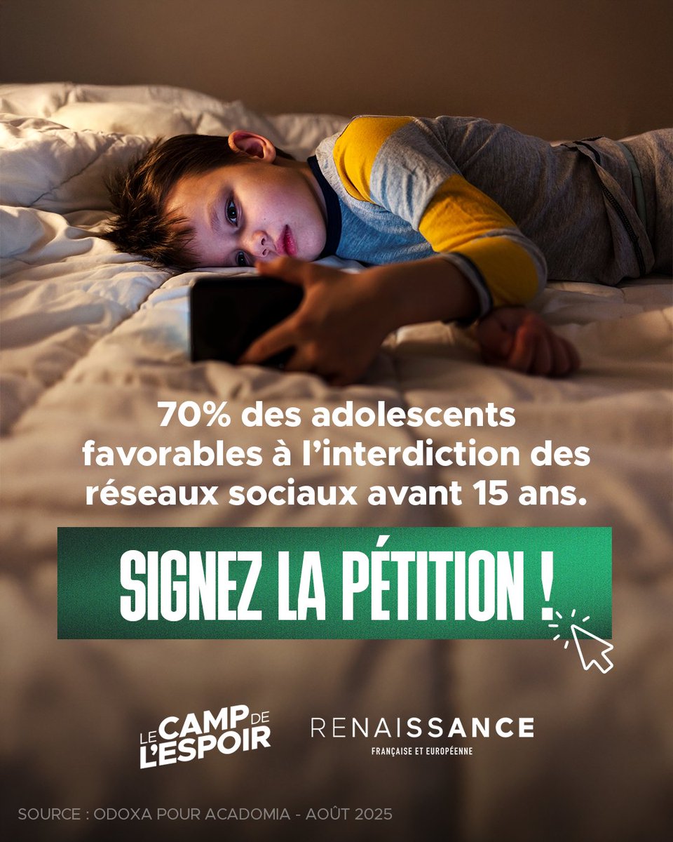 Nos enfants passent entre 3 et 5 heures par jour sur les écrans. 

C’est une catastrophe sanitaire et éducative en puissance qui menace notre jeunesse. 

Protégeons nos enfants et interdisons les réseaux sociaux avant 15 ans ! Signez la pétition : parti.re/petition-ecrans