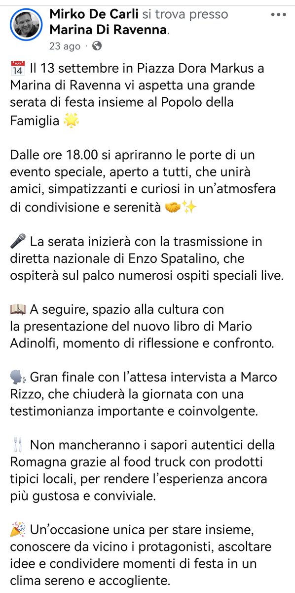 A Marina di #Ravenna (#Emilia #Romagna) sabato #13settembre 2025 tutti invitati dalle ore 18 alla serata di #FESTA insieme al #PopolodellaFamiglia, con la presenza tra gli altri di Mario #ADINOLFI (che presenta il suo nuovo libro "L'isola"), <a href="/MarcoRizzoDSP/">Marco Rizzo</a>, <a href="/MirkoDeCarli/">Mirko De Carli</a> ecc.