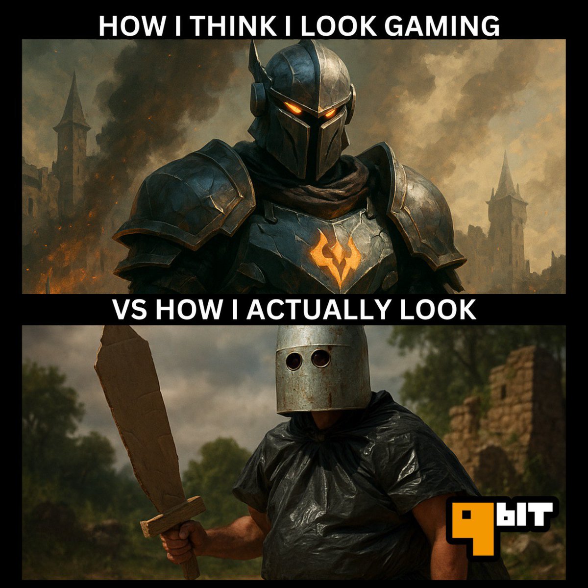 the9bit's tweet photo. Imagination:  boss level knight ⚔️🔥
IRL:  discount NPC 😭🪣
Whose a joke? the9bit admin is the joke.... relatable? 😂 https://t.co/QuVxijIT0l