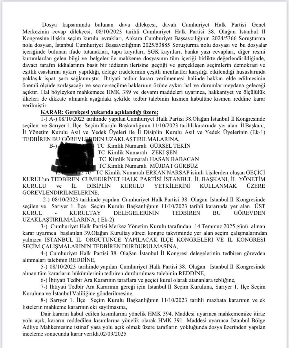 CHP İstanbul İl Başkanı Özgür Çelik ve yönetimi mahkeme tarafından görevden alındı. Yerine, daha önce CHP’den istifa eden Gürsel Tekin kayyım olarak atandı. 

Kararı, İstanbul 45. Asliye Hukuk Mahkemesi verdi.