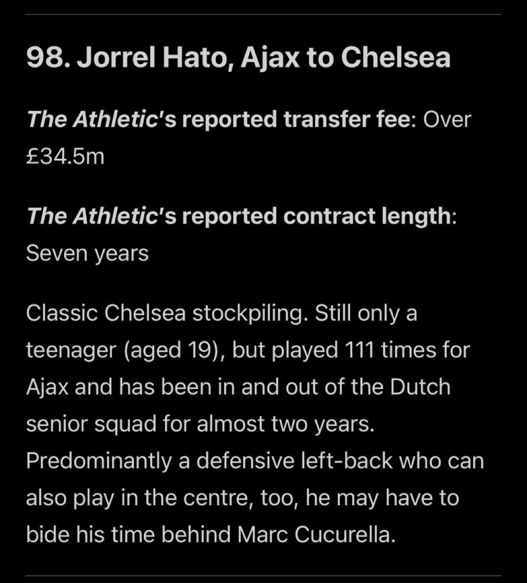 Chelsea had ONE left-back for the entirety of last season, proceed to sign some shrewd and high-quality cover, and it’s called “classic Chelsea stockpiling” by The Athletic.

Something I never expected to read from an outlet held in such high regard…