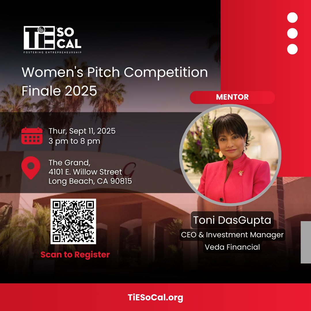 A heartfelt thank you to Toni DasGupta, for generously volunteering his time and expertise as a mentor for the TiE SoCal Women’s Pitch Competition!

Thur, Sept 11th | 3:00 PM – 8:00 PM | The Grand, 4101 E. Willow Street, Long Beach, CA 90815

#ThankYou #TiESoCalWomen