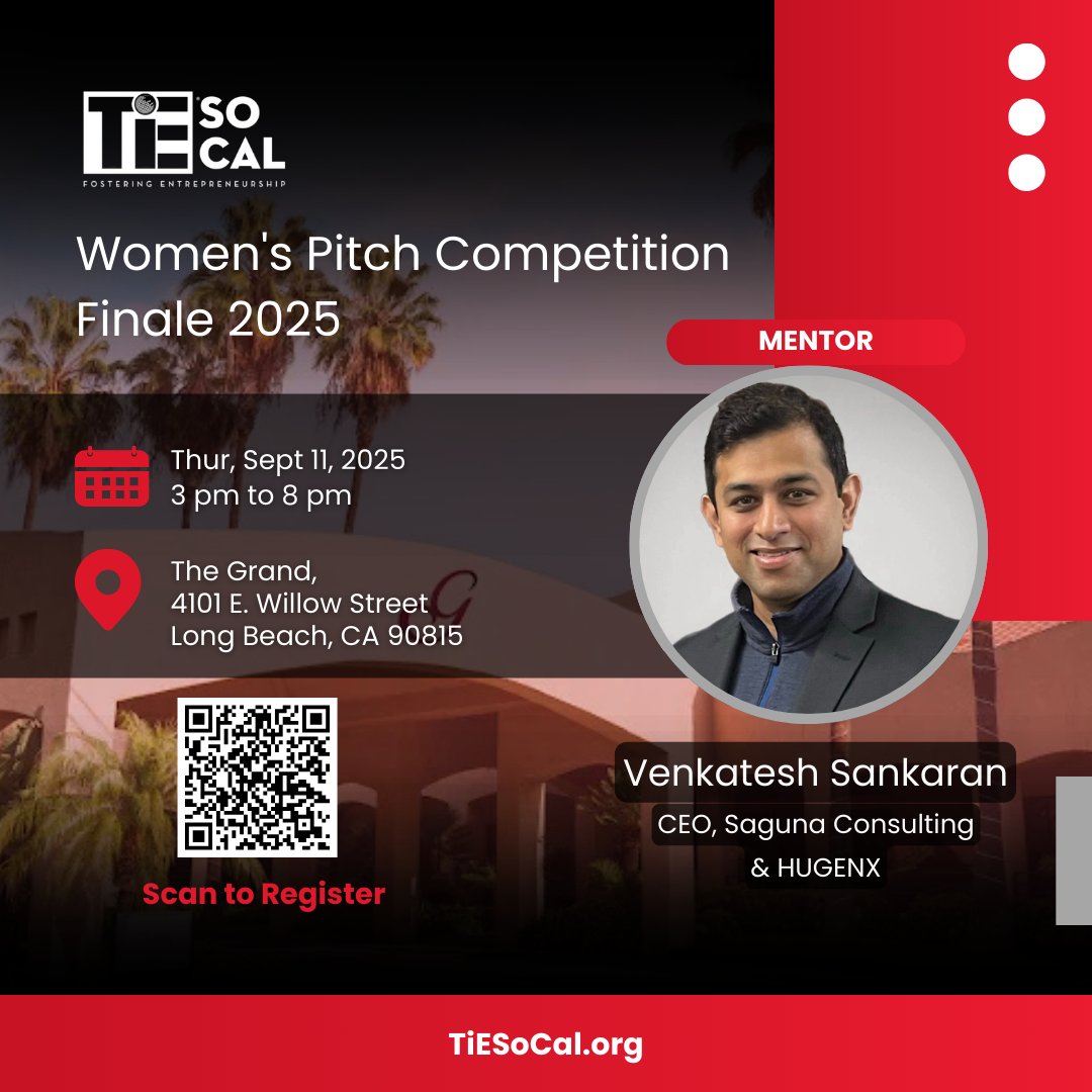 A heartfelt thank you to Venkatesh Sankaran, for generously volunteering his time and expertise as a mentor for the TiE SoCal Women’s Pitch Competition!

Thur, Sept 11th | 3:00 PM – 8:00 PM | The Grand, 4101 E. Willow Street, Long Beach, CA 90815    

#ThankYou #TiESoCalWomen