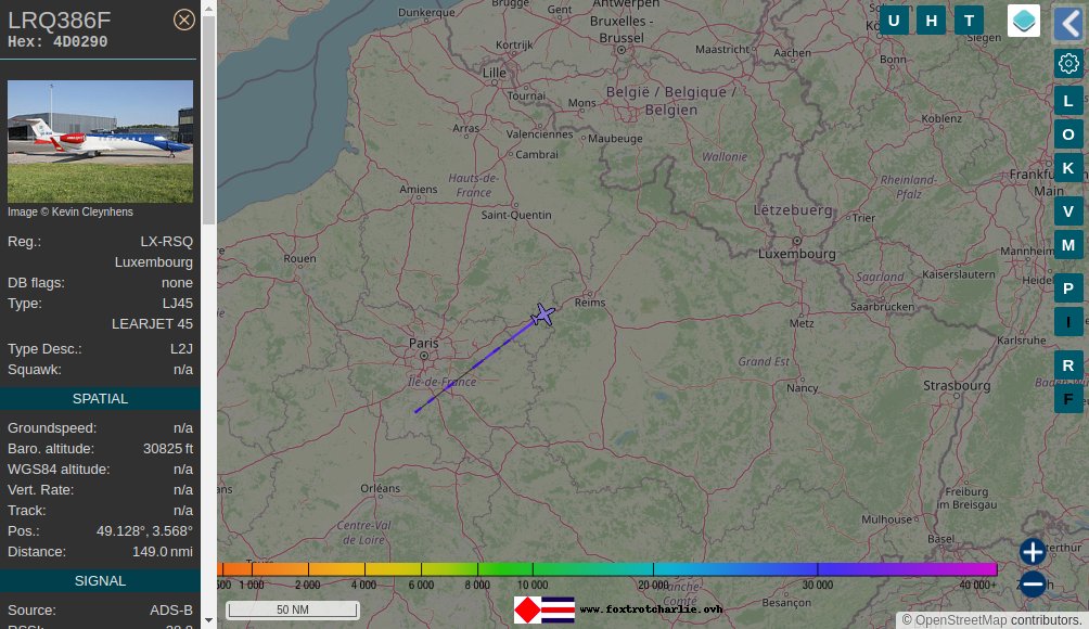 Foxcharlie's tweet image. LuxembourgAirRescue Bombardier Learjet 45 Xr ✈️ flying in range of ChalonSurSaone receiver at 32000ft with tail LX-RSQ ICAO code 4D0290 Luxembourg 📡 foxtrotcharlie.ovh/todaymil