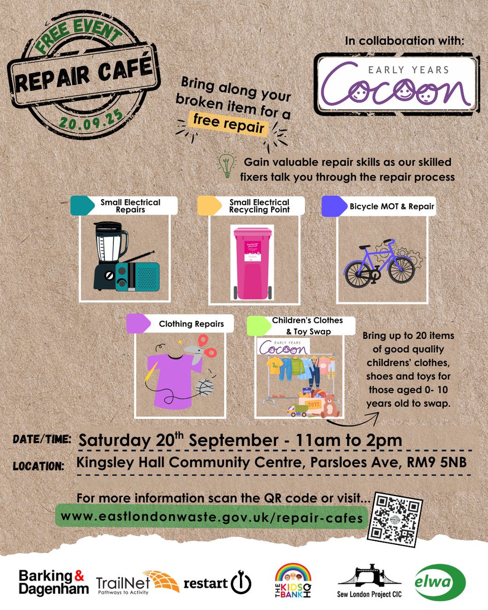 Barking and Dagenham Council (@lbbdcouncil) on Twitter photo FREE REPAIRS!
📍 Kingsley Hall Community Centre, Parsloes Ave
📆 Saturday 20 September (11am to 2pm) 
Get help repairing:
🚲 bikes
👚 clothes
💻 digital devices and home appliances
PLUS a children's clothes and toy swap AND small electricals recycling ♻️ 
#CleanerGreenerBD💚 FREE REPAIRS!
📍 Kingsley Hall Community Centre, Parsloes Ave
📆 Saturday 20 September (11am to 2pm) 
Get help repairing:
🚲 bikes
👚 clothes
💻 digital devices and home appliances
PLUS a children's clothes and toy swap AND small electricals recycling ♻️ 
#CleanerGreenerBD💚