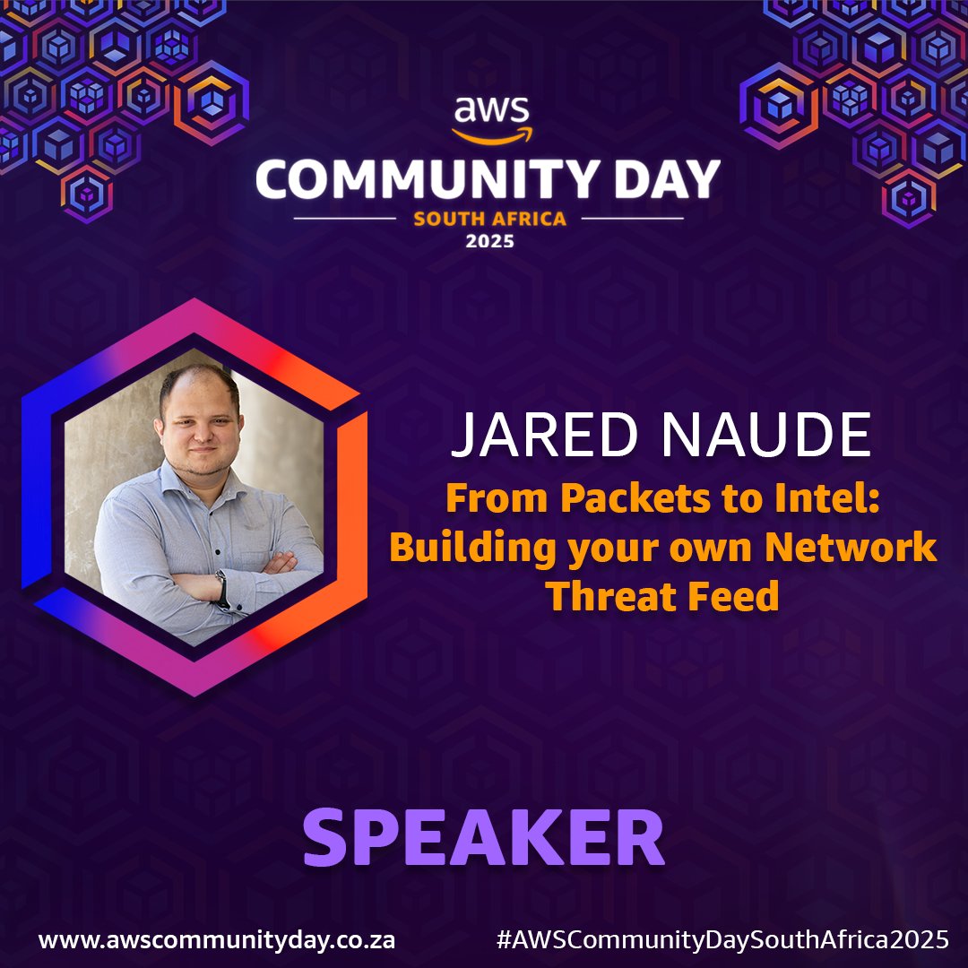 awscommza's tweet image. 🎤 Speaker Announcement! 🎤
We’re excited to welcome Jared Naude to the stage at AWS Community Day South Africa 2025! 🎉☁️
Get ready for their session: "From Packets to Intel: Building your own Network Threat Feed"
#AWSCommunityDaySouthAfrica2025 #SpeakerDrop #BuildOnAWS