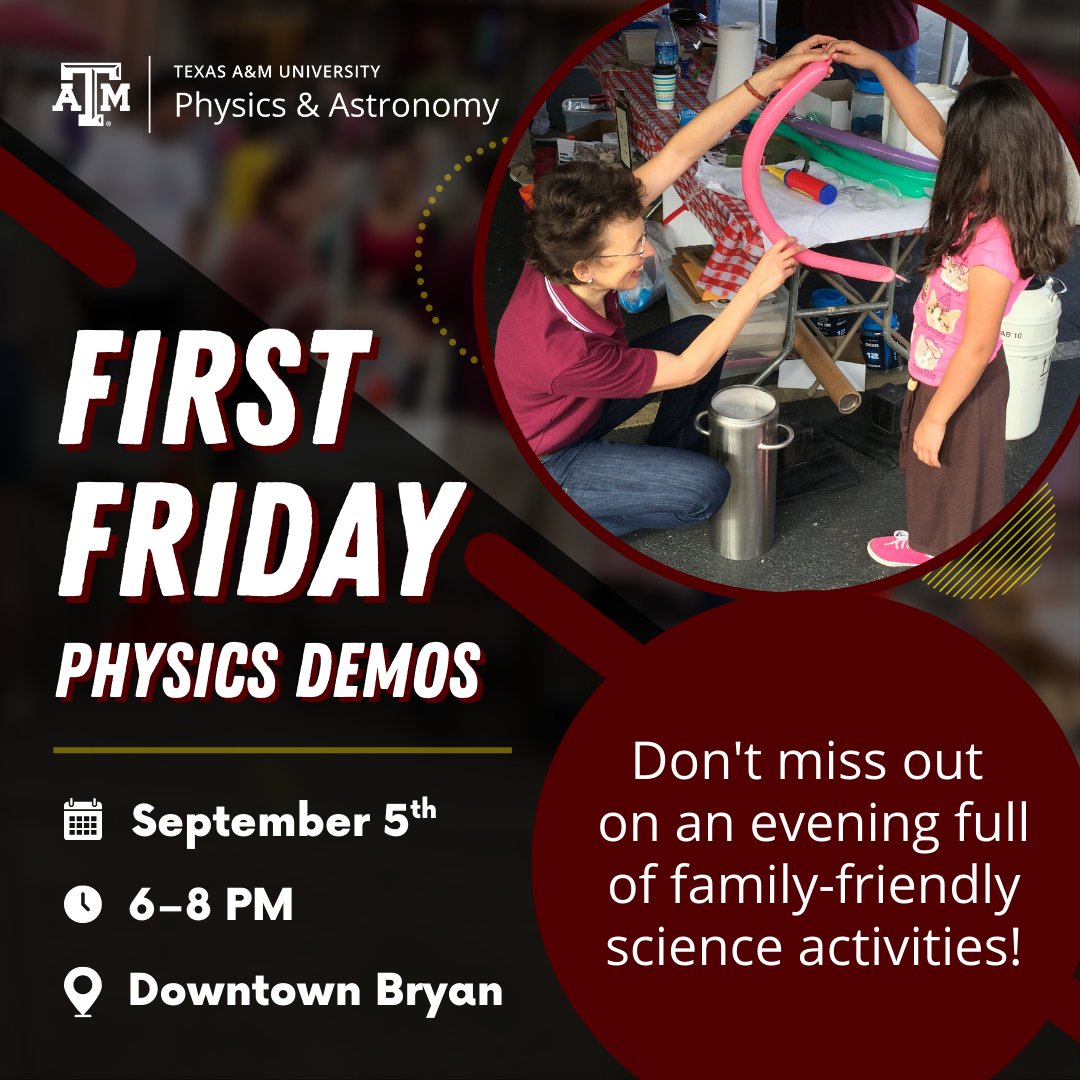 TAMU Physics & Astronomy (@tamuphysastr) on Twitter photo Get excited! First Friday's are coming back. We can't wait for you to see what we have planned in <a href="/Downtown_Bryan/">Downtown Bryan Texas</a>! šš½  #TAMU #BryanTx #Physics #FirstFriday Get excited! First Friday's are coming back. We can't wait for you to see what we have planned in <a href="/Downtown_Bryan/">Downtown Bryan Texas</a>! šš½  #TAMU #BryanTx #Physics #FirstFriday