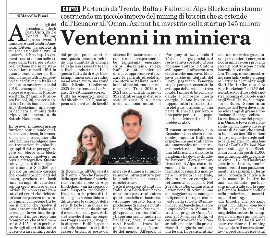 alpsblockchain's tweet image. 🌍 From Trento to the world. Today @MilanoFinanza  features @alpsblockchain , sharing how a campus idea became infrastructure that upgrades idle sites and turns otherwise wasted energy into efficient, responsible #Bitcoin mining across multiple countries.

We’re proud of our team…
