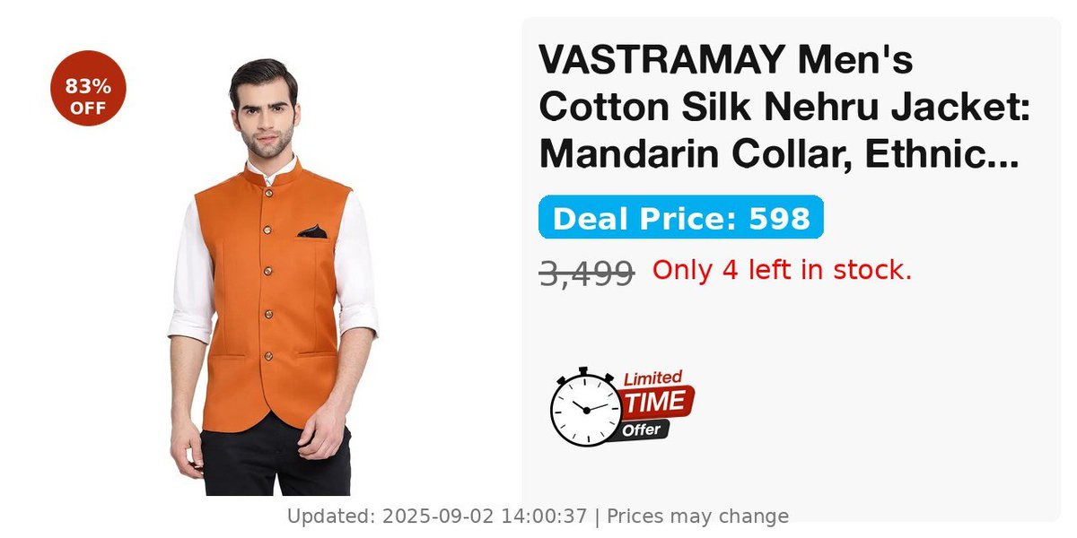 TechyBoostDeals's tweet image. VASTRAMAY Men's Cotton Silk Nehru Jacket: Mandarin Collar, Ethnic Style ₹598

Buy link : amzn.to/45UUdTq

#Amazon #Vastramay #Fashion
