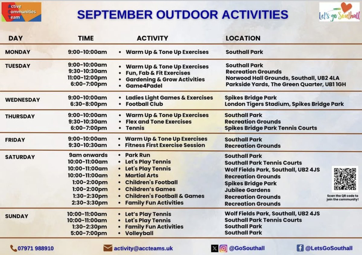 JM4NorwoodGreen's tweet image. #NorwoodGreen #Southall &amp;amp; @EalingCouncil residents @GoSouthall September outdoor activity calendar is now live!
From walking groups to nature routes &amp;amp; lots, lots more besides —get involved meet new friends &amp;amp; enjoy the great outdoors!
Scan their QR code to #getoutgetactive
