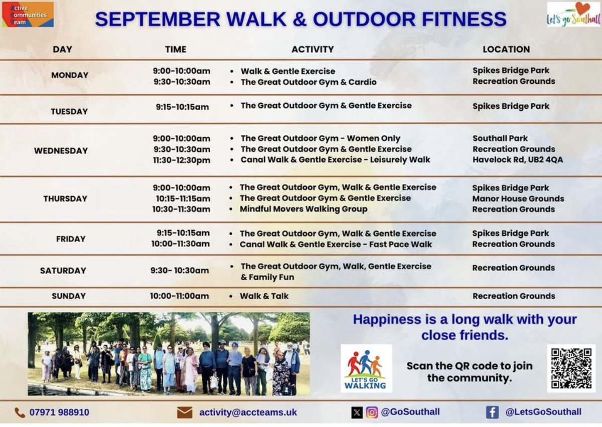 JM4NorwoodGreen's tweet image. #NorwoodGreen #Southall &amp;amp; @EalingCouncil residents @GoSouthall September outdoor activity calendar is now live!
From walking groups to nature routes &amp;amp; lots, lots more besides —get involved meet new friends &amp;amp; enjoy the great outdoors!
Scan their QR code to #getoutgetactive